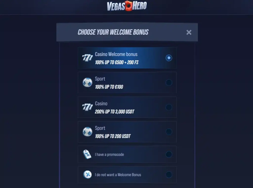 Current VegasHero welcome promotion interface with offer choices and terms access