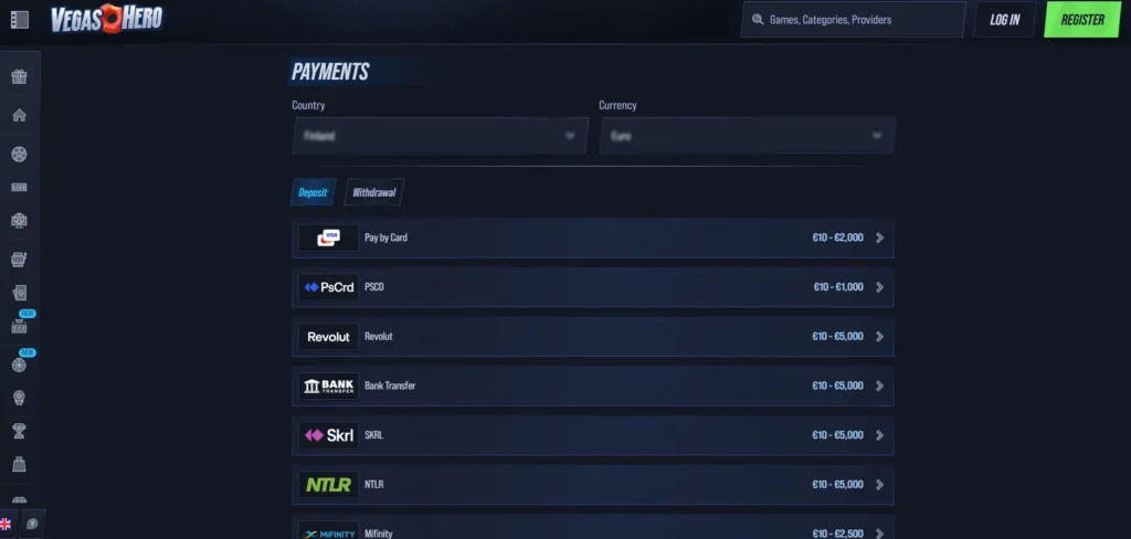 Current VegasHero payments page with country, currency, deposit and withdrawal controls