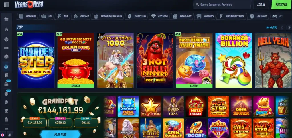 Current VegasHero casino lobby showing game categories and provider navigation