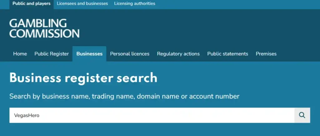 UK Gambling Commission public register search context used for the VegasHero licence check