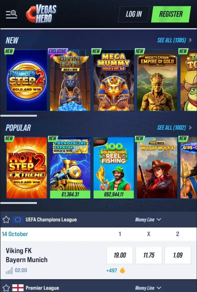 VegasHero official website displayed in a mobile browser viewport