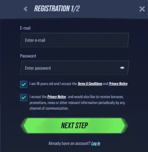 Current VegasHero registration page with welcome-offer choices and login link