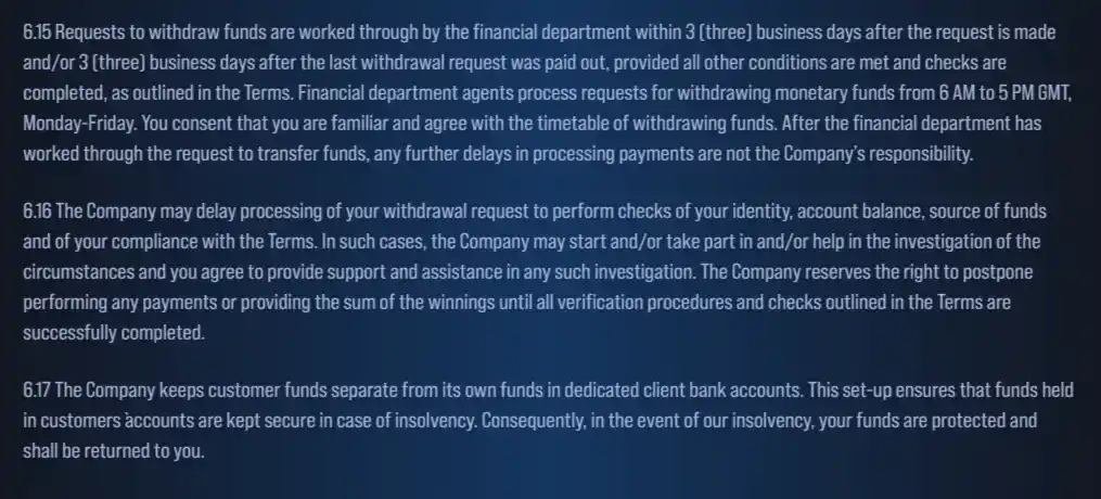 Current VegasHero terms showing withdrawal and verification rules