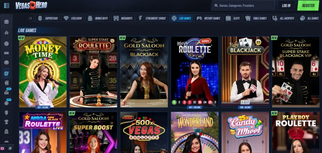 Current VegasHero live casino lobby showing dealer-game categories
