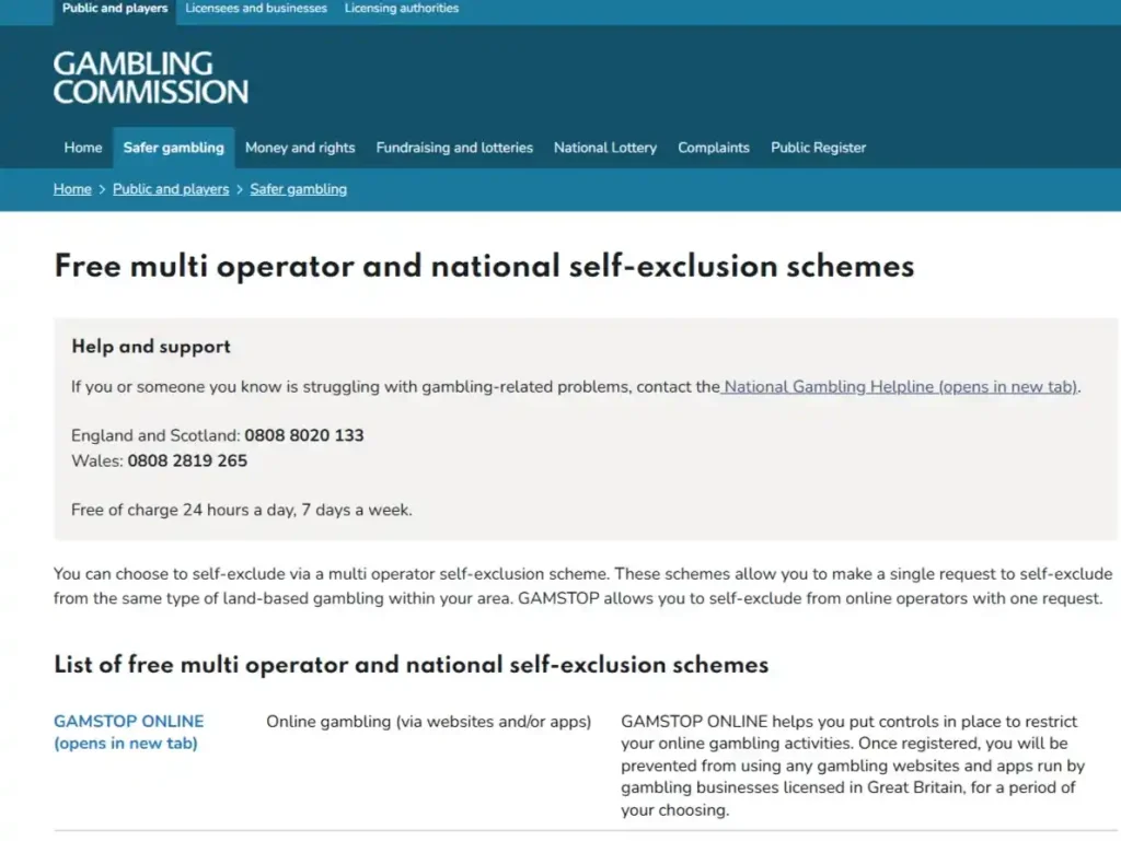 UK Gambling Commission information page about GAMSTOP and national self-exclusion schemes