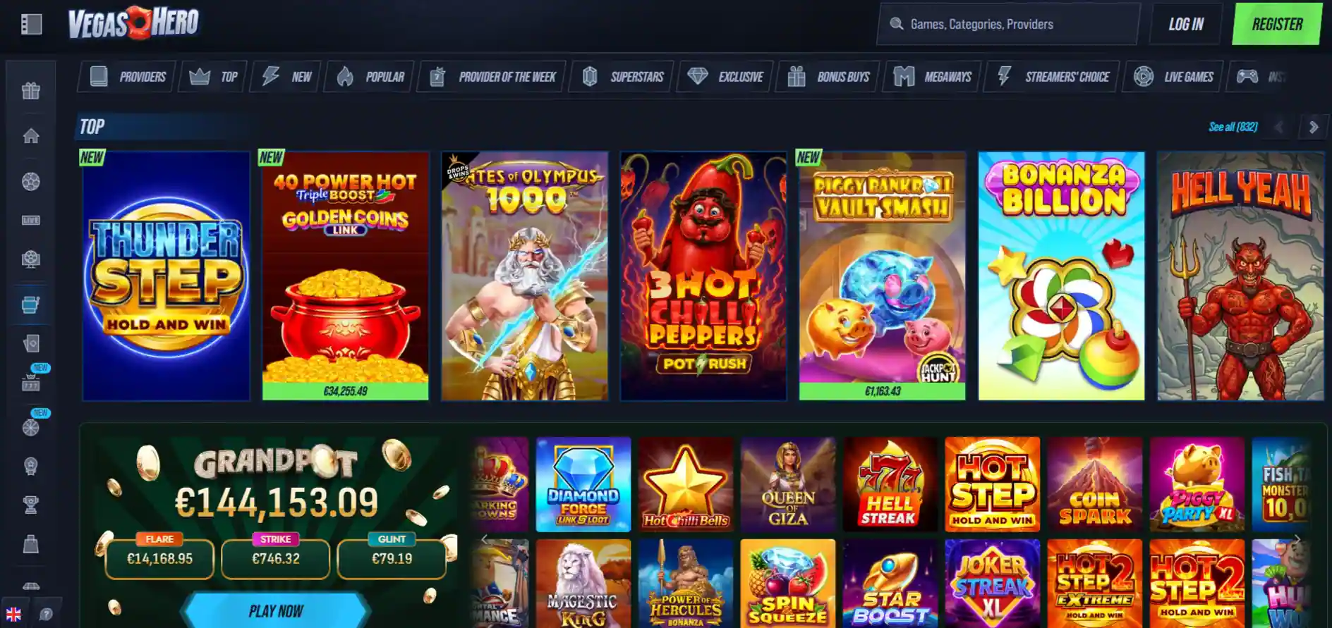 Current VegasHero homepage or casino lobby interface
