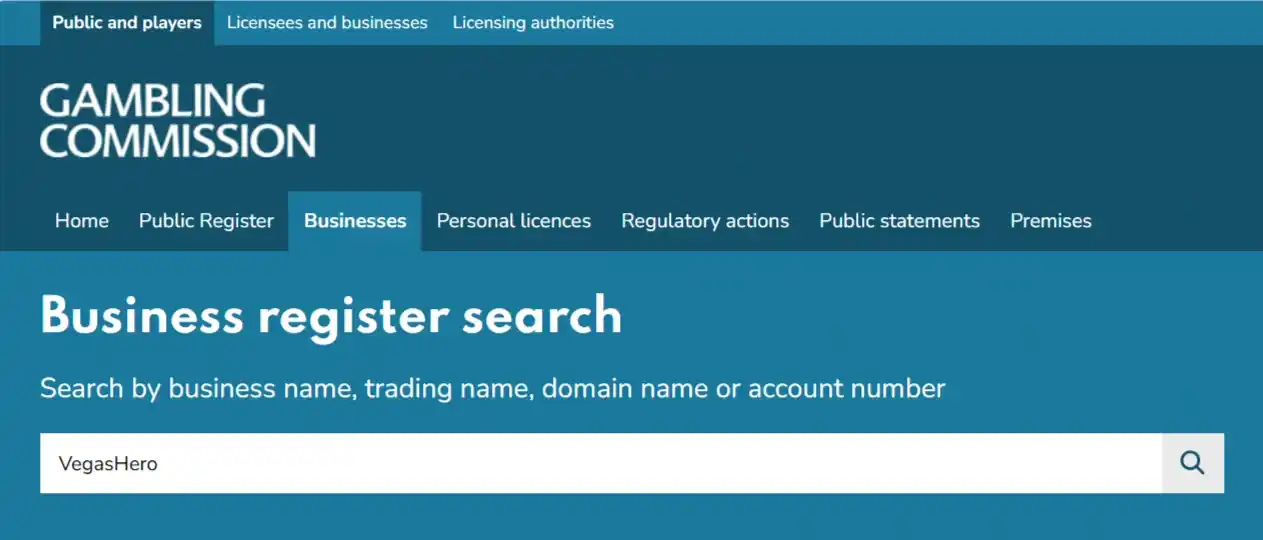 UK Gambling Commission public business register search interface